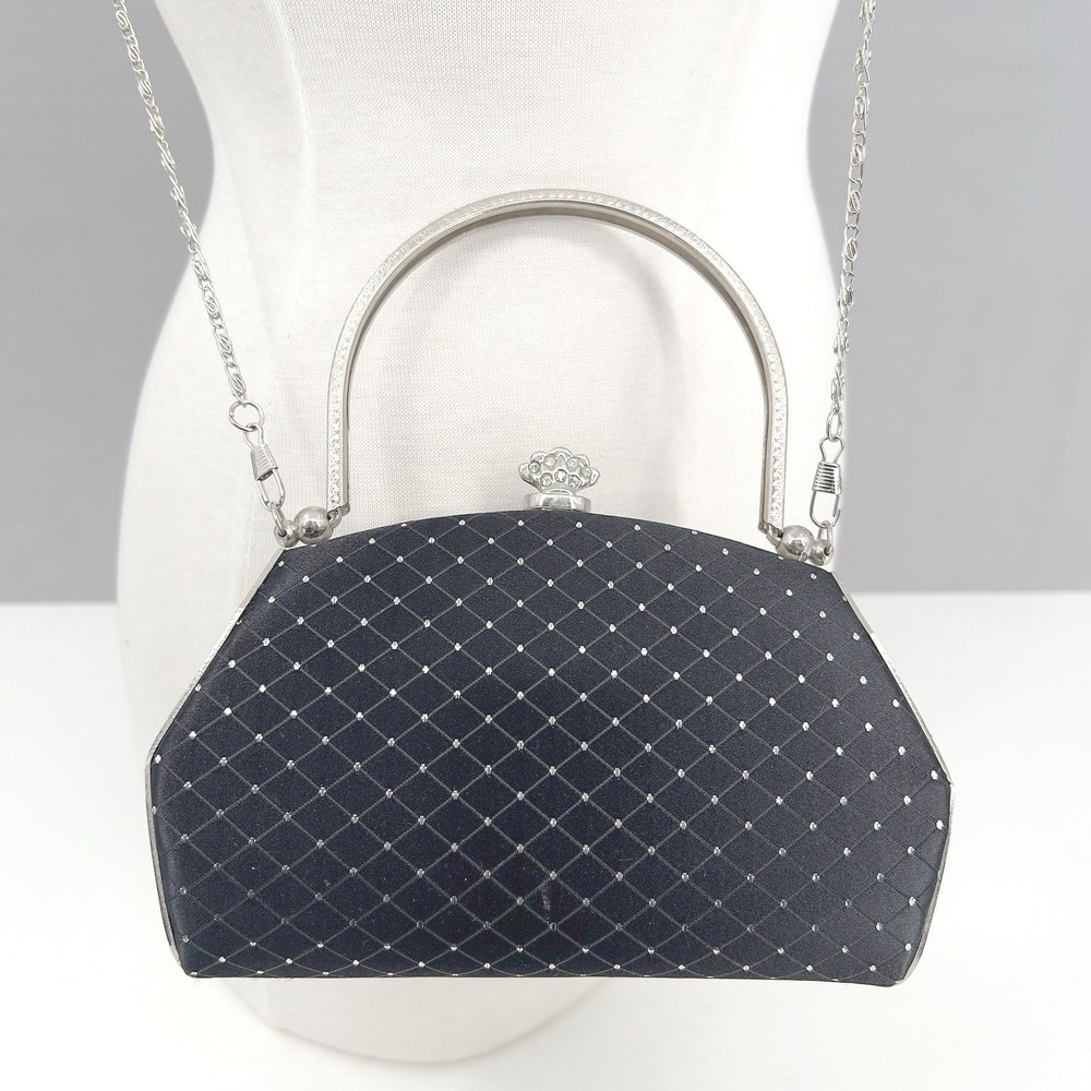 Black Minaudiere Box Clutch Evening Bag Formal Rhinestone Clasp Chain Strap incl